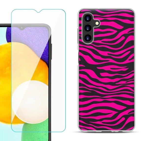 Slim-Fit TPU Fashion Phone Case for Samsung Galaxy A13 5G, with Tempered Glass Screen Protector, by OneToughShield ® - Zebra Pink