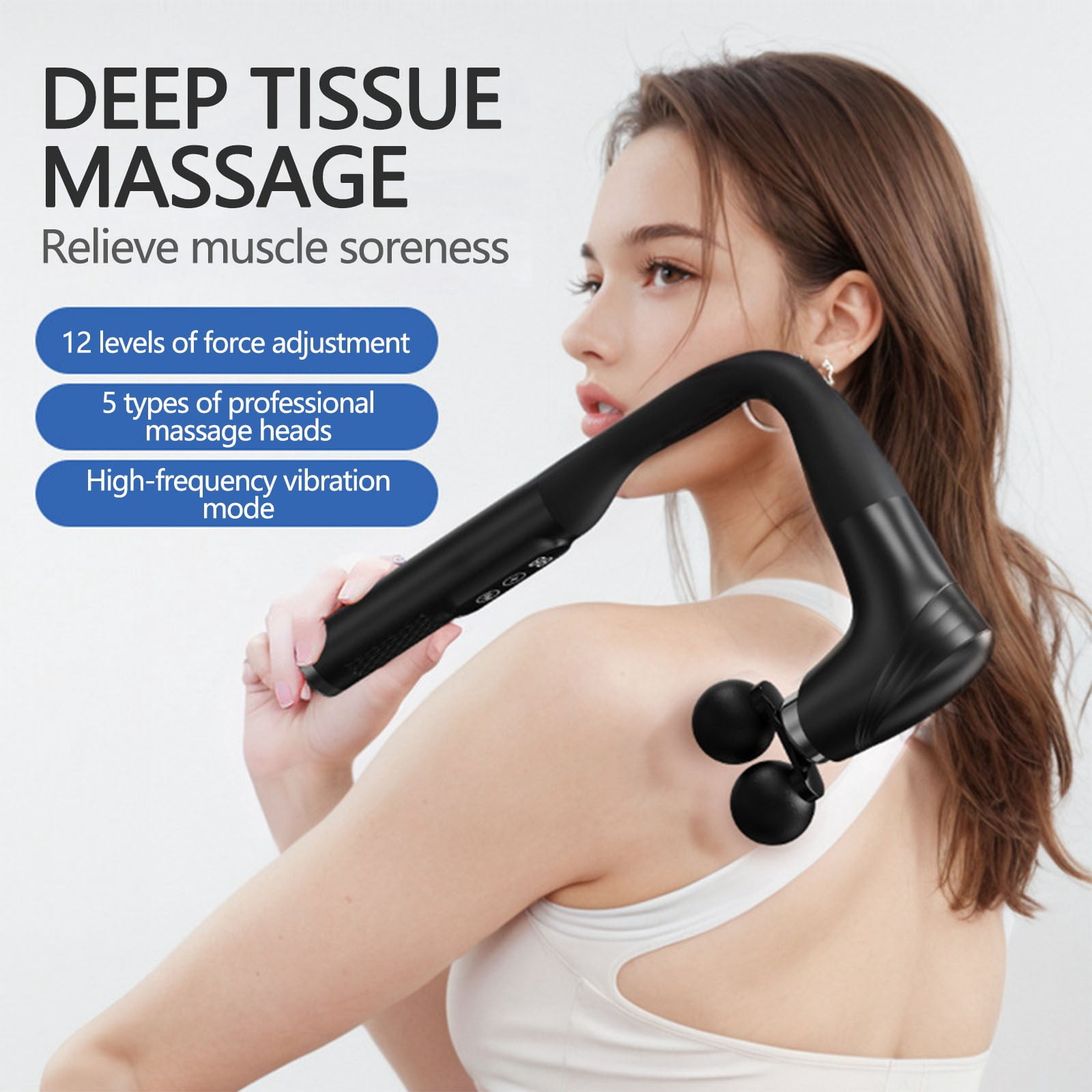 Long Handle Massage Gun for Back and Shoulders,Ergonomic Extended Reach Deep Tissue Massager,Infinitely Adjustable Speed & 5 Replaceable Heads,LCD Screen Display For Back Neck Shoulders Waist Legs