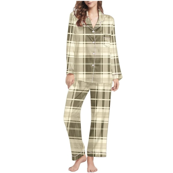 Enjoytime Lounge Sets for Women Long Sleeved Pjs Soft top and Pants Pajamas Loungewear Plaid Printed Two Piece Sets for Women
