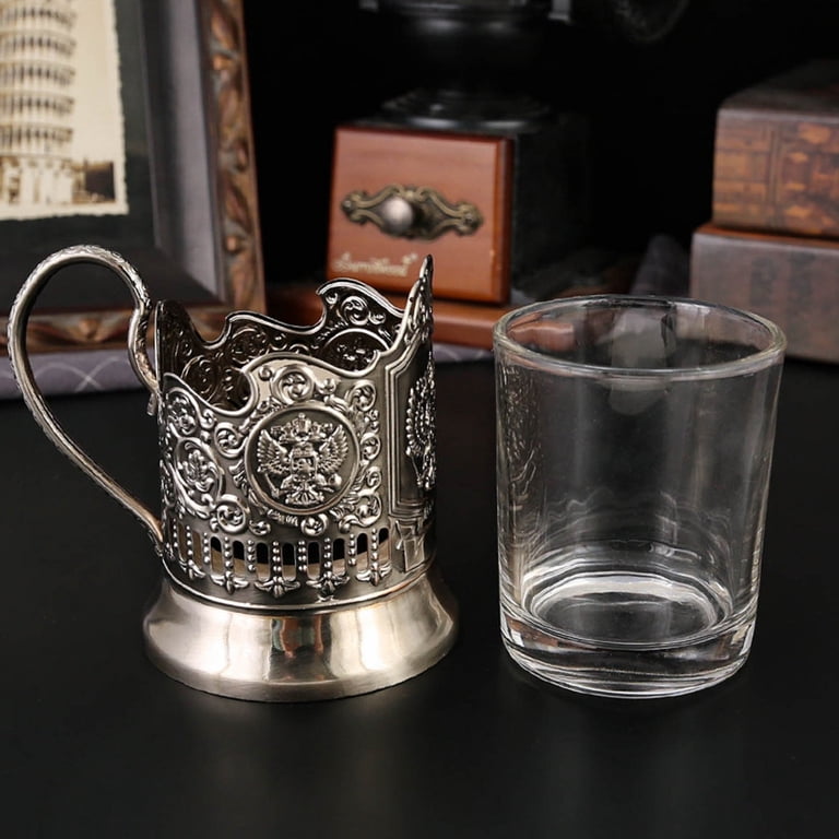 Russian Podstakannik 1Set Russian Cut Crystal Tea Glasses with Metal Glass Holders Old Fashion Glassware, Size: One size, Clear