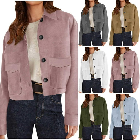 Hinvhai Women Button Down Cropped Jacket Fall Long Sleeve Outerwear Coats Work office Clothes White XL(XL)