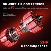 14 Gallon Ultra Quiet Air Compressor with 2 Quick Couplers 2HP 8.75 CFM, Max 115 PSI Pressure Oil-Free Air Compressor Tank, 70dB Quiet Compressor for Auto Repair, Tire Inflation 110V/60hz