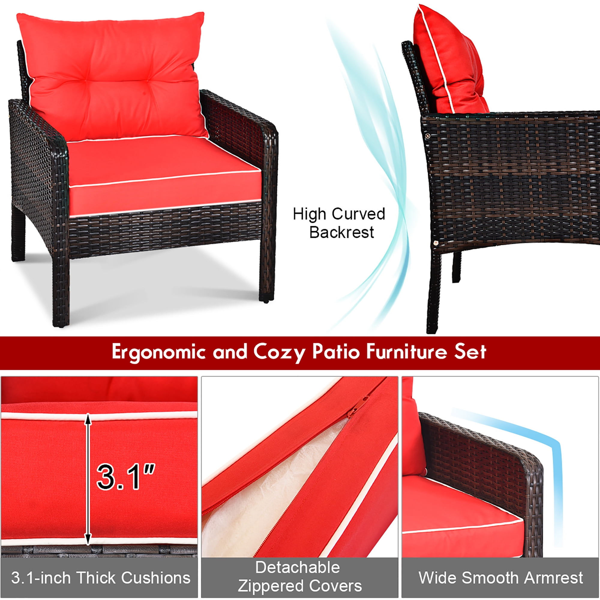 Costway 5 PCS Patio Rattan Furniture Set Sofa Ottoman Table Cushioned Yard Red