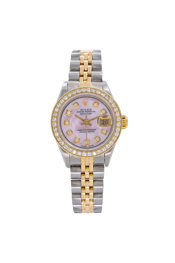 Pre-Owned Rolex Datejust 26MM 6917 Pink Mother of Pearl Diamond Dial Diamond Bezel Two Tone Yellow Gold Jubilee Bracelet 1.1ct