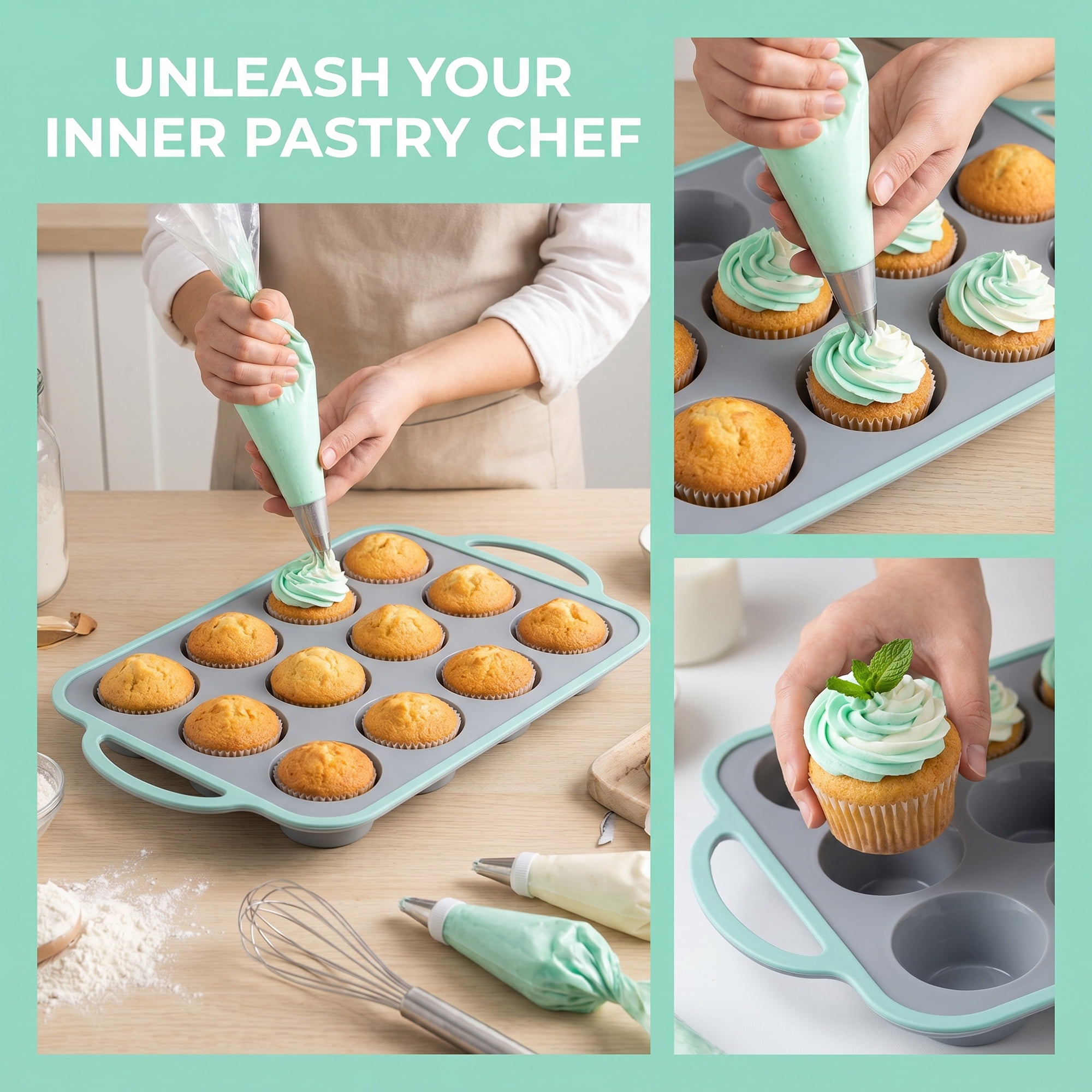Unique Bargains Baking Pan 12-Cup Silicone Tray with Handles Gray/Green 14.8"x8.9"x1.3"