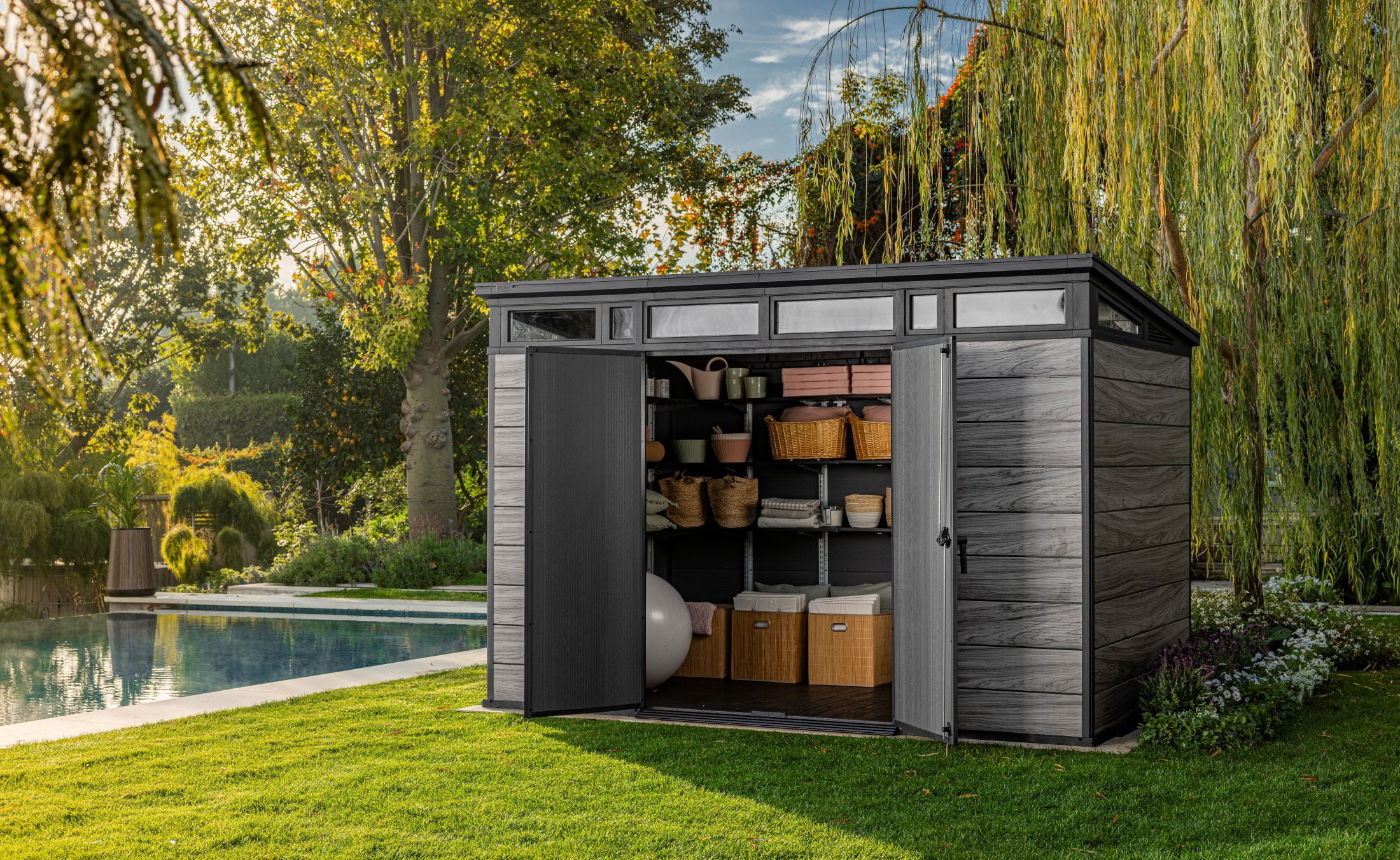 Keter Signature 11x7 ft. Durable Resin Outdoor Storage Shed With Heavy Duty Floor and Locking Door, Storm Grey