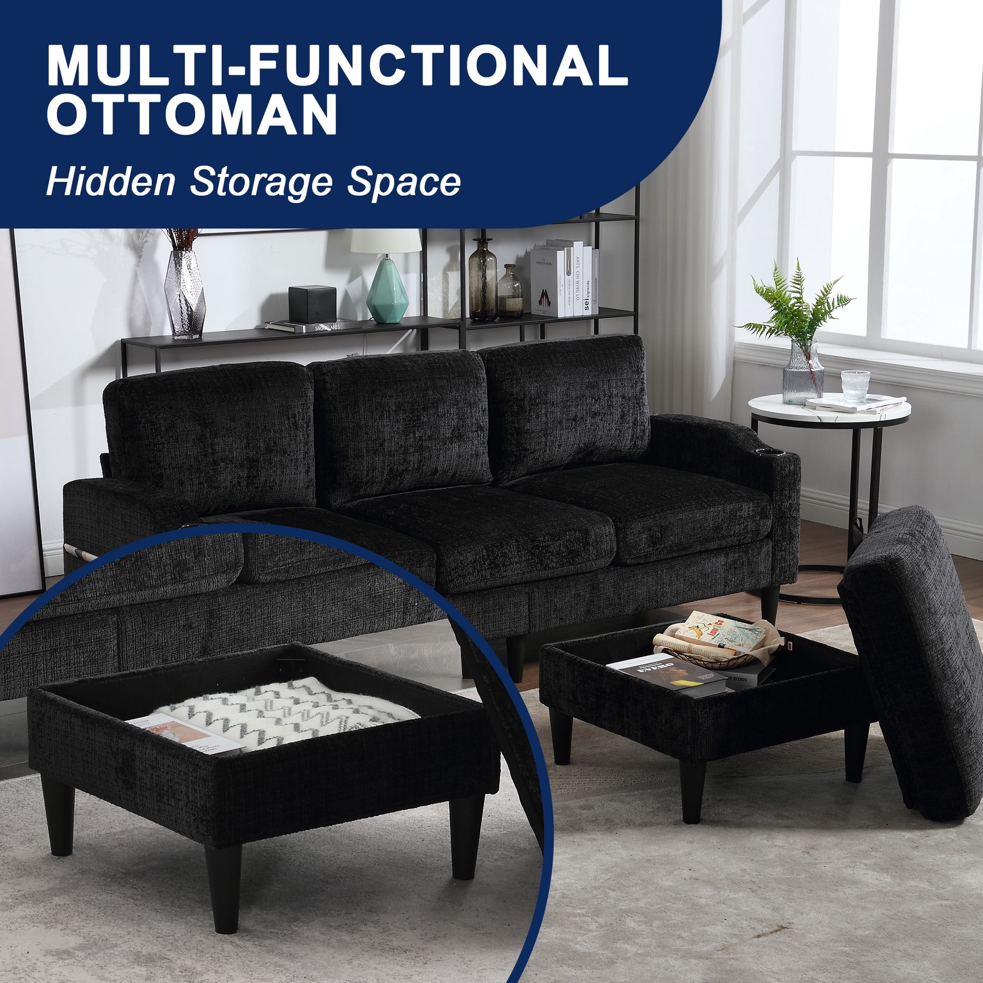 MOONMISS Chenille Upholstered L-Shaped Living Room Sofa with Storage Ottoman-Black