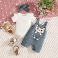 thumbnail image 3 of Infant Kids Summer Two-Piece Outfit Short Sleeve Ribbed Romper Bodysuit Cartoon CatBowknot Suspender Shorts Headband Girl Outfits Kids Clothes Size 6-12 Months, 3 of 4