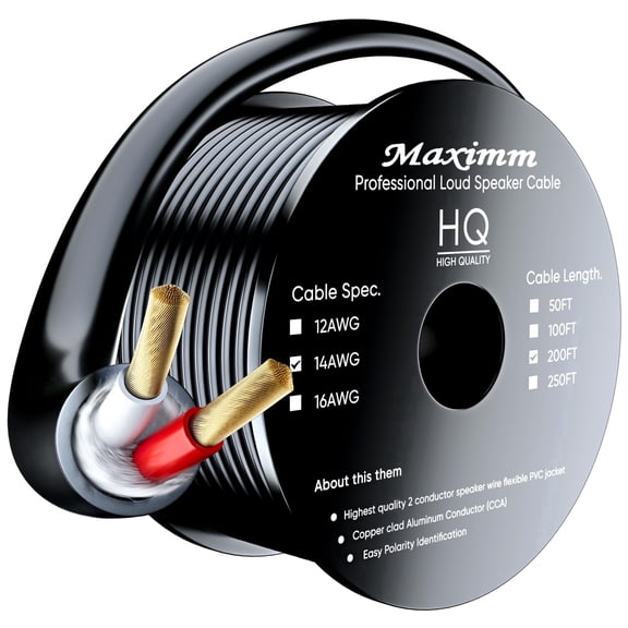 Maximm 14 AWG 2-Conductor Speaker Wire Cable, 200 ft, In-Wall CL3 Rated, Black with Banana Plugs