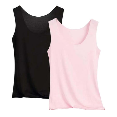 Pxiakgy Hot Sale!! Womens Modal Padded Built-In-Bra Tanks Tops Crew Neck Wireless Bra Camisole Casual Slim-Fit Shirts Tee 2Pc Pink Xxl