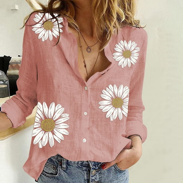 ICHUANYI Clearance Women Printed Cotton Long Sleeve Tank Career Bloues Cardigan Tops(Pink, XXL) ICHUANYI WER2023081017253