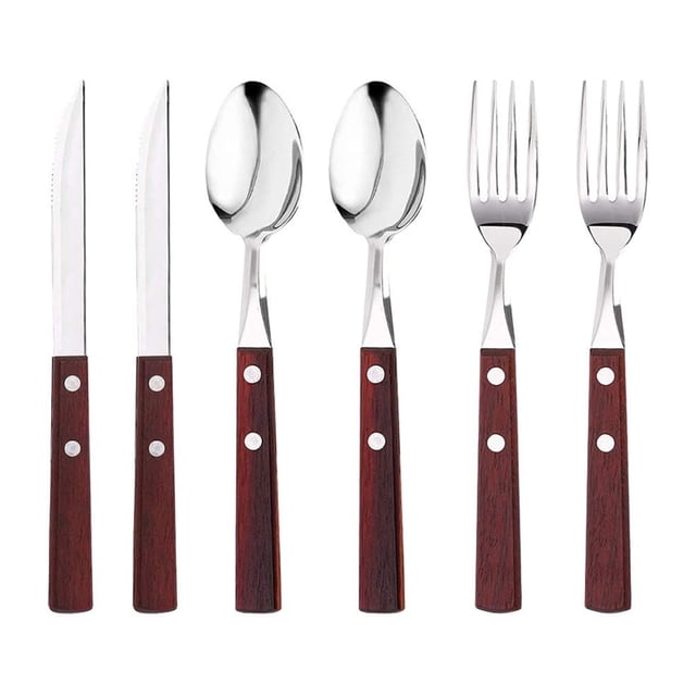 Juego de cubiertos con mango de madera rústica de apariencia exquisita, utensilios de acero inoxidable 18 8 con mango de madera natural para usos múltiples