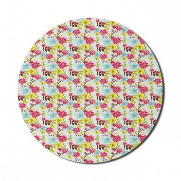 Floral Mouse Pad for Computers, Tropical Summer Flowers in Warm Summer Tones Repetitive Spring Time Layout, Round Non-Slip Thick Rubber Modern Mousepad, 8" Round, Yellow Multicolor, by Ambesonne