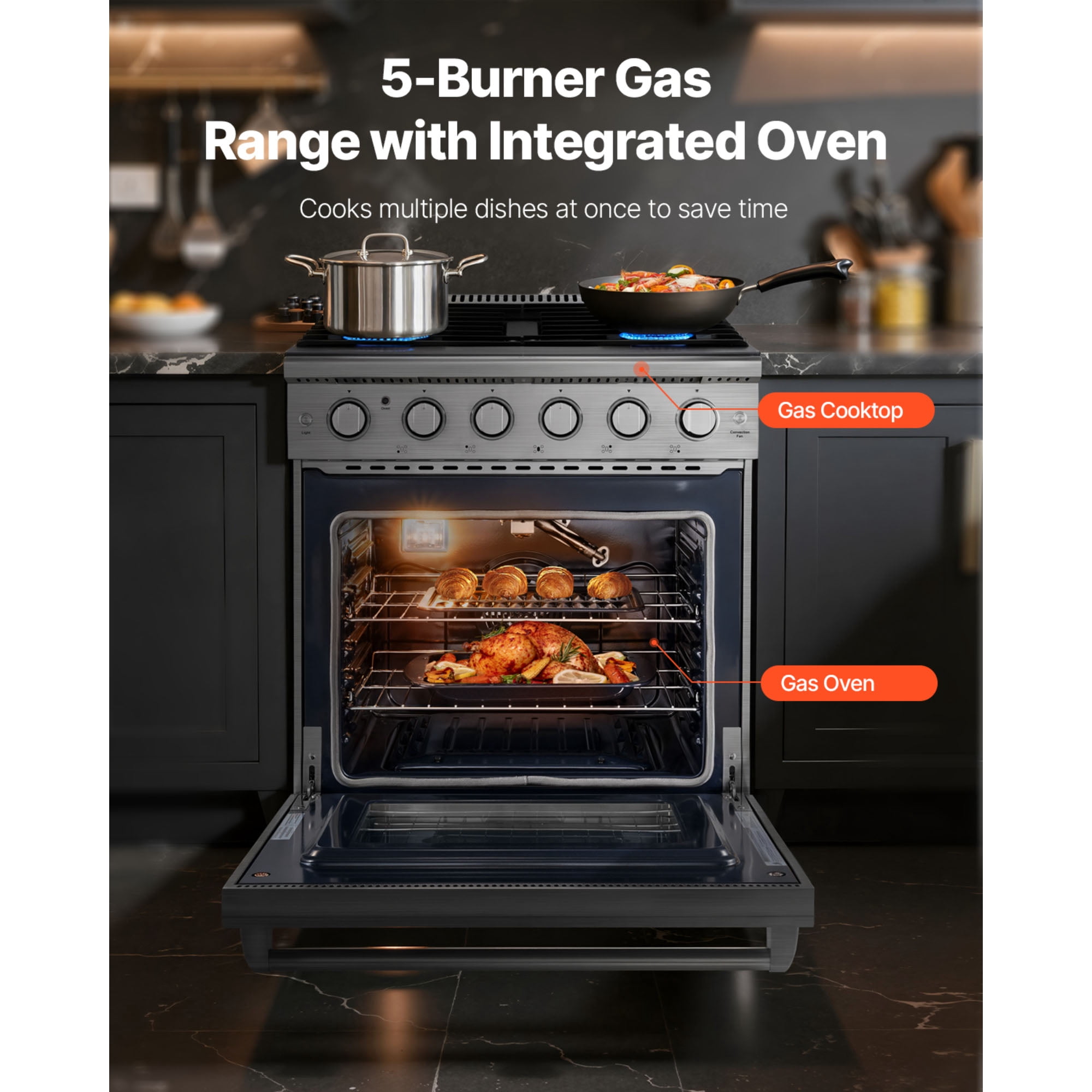 KFFKFF 30-Inch Freestanding Gas Range Oven, Stainless Steel Stove with 5 Sealed Burners, Convenient Racks, Storage Drawer, 4.8 Cu. Ft. Capacity, Ideal for RVs, Apartments, and Mobile Homes