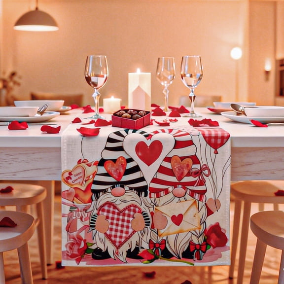 Valentine’s Day Table Runner 33x183cm, Love Gnome & Heart Print, Happy Valentine’s Day Dining Decor