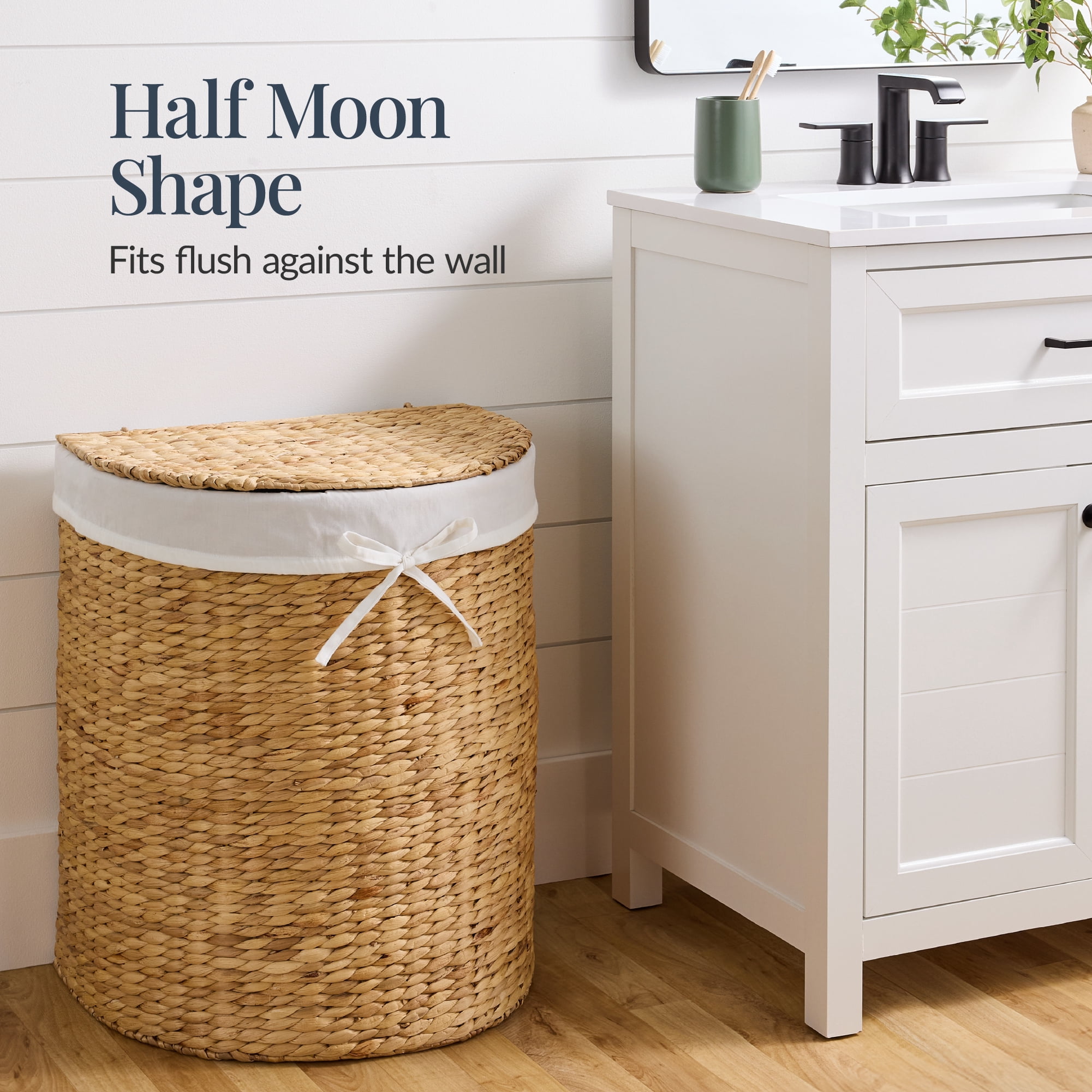 Best Choice Products Half Moon Laundry Hamper w/ Lid, Half Round Laundry Basket, w/ Removable Liner & Handles - Natural