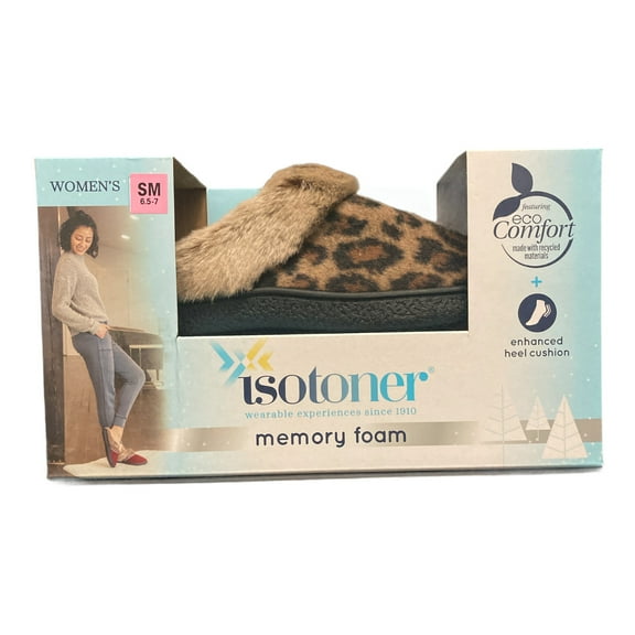 Isotoner Women's Eco-Comfort Memory Foam Faux Fur Indoor/Outdoor Slipper (Cheetah, S(6.5-7))