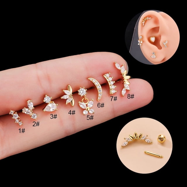 Pendientes de varilla gruesa de acero inoxidable con tornillos de doble cabeza, pendientes de mariposa con circonitas, pendientes perforados