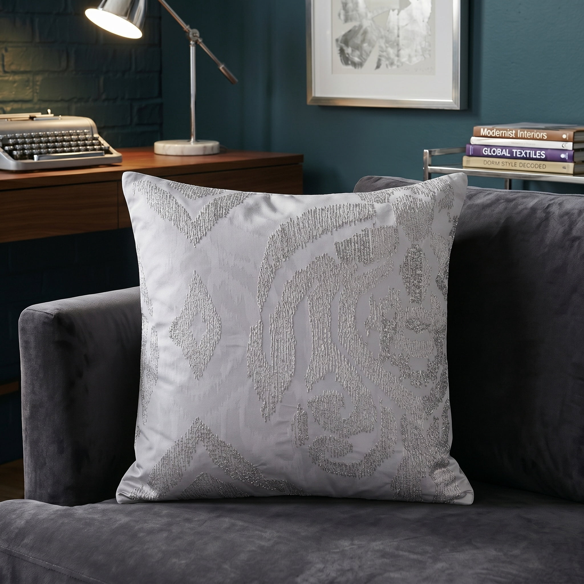 Ox Bay Amara Ikat Glam Polyester Hand Woven Throw Pillow, Silver/Gray, 20" x 20"