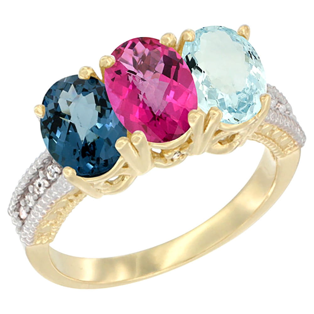 10K Yellow Gold Diamond Natural London Blue Topaz, Pink Topaz & Aquamarine Ring 3-Stone Oval 7x5 mm, sizes 5 10 by WorldJewels