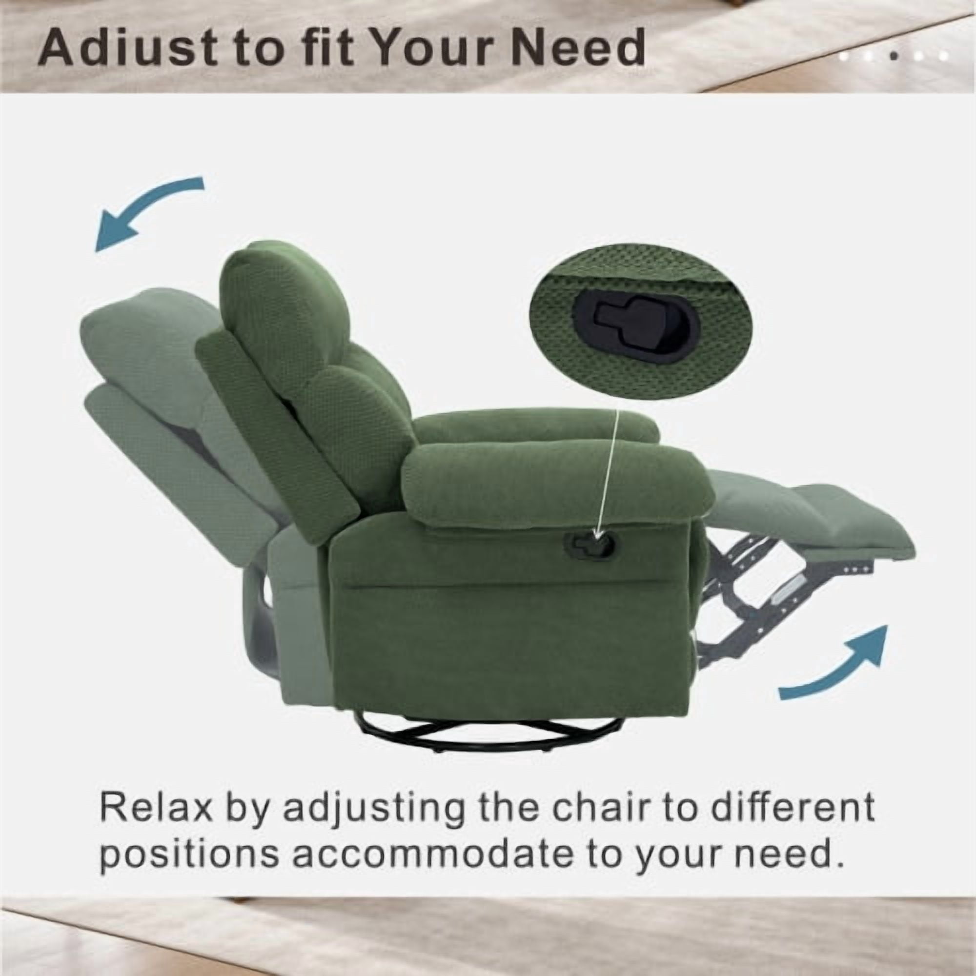 Modern Swivel Rocker Recliner Chair, Manual Overstuffed Glider Armchair with Textured Fabric, 360° Swivel & Rocking for Living Room and Nursery, Dark Green
