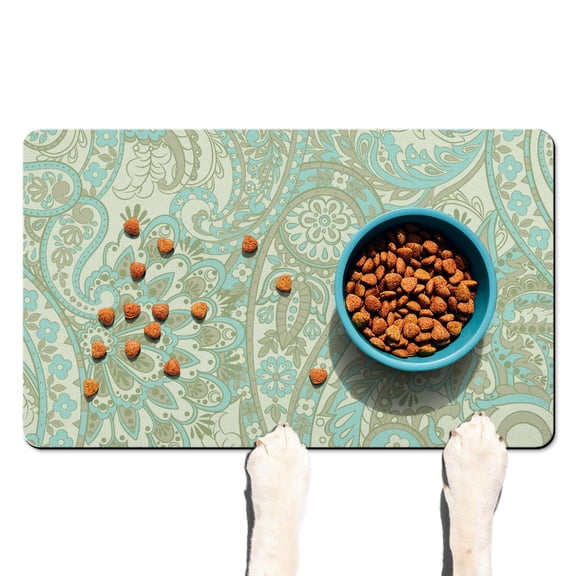 Retro Paisley Dog Food Mat - Decorative Paisley Print Pet Placemat - Waterproof and Washable Mat for Food and Water Bowls