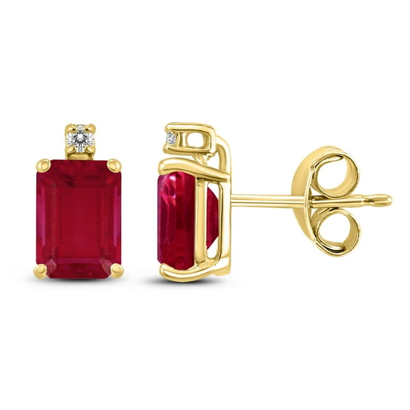 SZUL Women's 14K Yellow Gold 5x3MM Emerald Shaped Ruby and Diamond Earrings