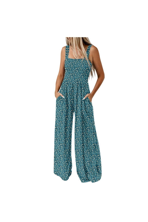 Summer Plus Size Jumpsuits for Women Tummy Control Fashion Elastic Waist Loose Printing Sleeveless Pockets Wide Leg Long Pant Jumpsuit