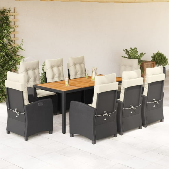 vidaXL 9 Piece Patio Dining Set with Cushions Black Poly Rattan