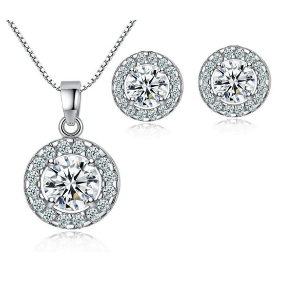 White Gold Cubic Zirconia Necklace Set with Cubic Zirconia Halo Earring Settings