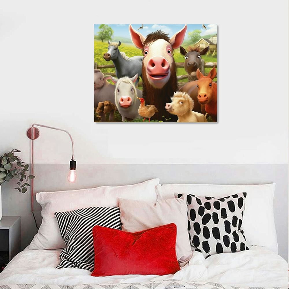 JEUXUS  Funny Farmhouse Animals Wall Art Cow Pig Donkey Friends Canvas Wall Decor Rustic Farm Animals Pictures Painting Country Style Artwork for Home Bathroom Office Framed Ready to Hang