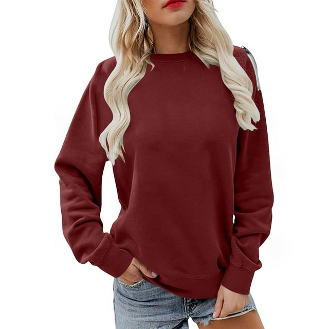 Enjoytime Hauts Tendance pour Femmes Couleur Unie Col Rond Manches Longues Blouse Ample Décontractée Automne Hiver Mode Chemises Rouge TTG