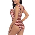 thumbnail image 4 of Goofa Red and Brown Squares Print Women's Ruffled One Piece Swimsuit V Neck, 4 of 7