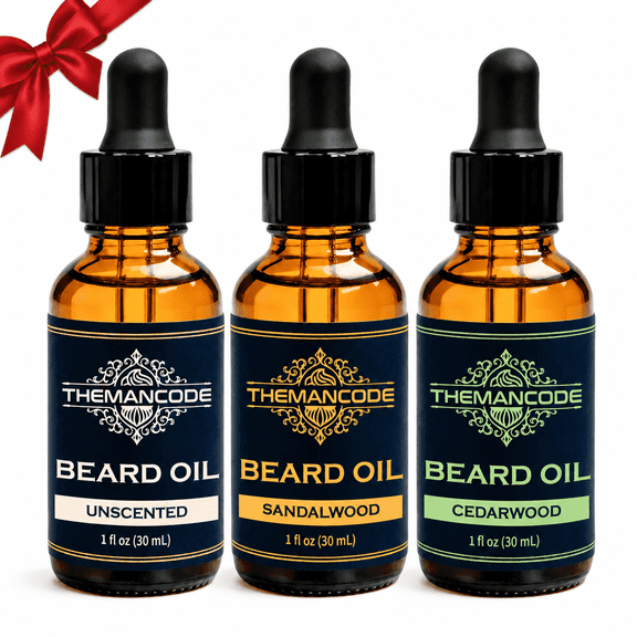 THEMANCODE Beard Oil Set for Men, 3 Pack, Softens and Conditions Beards, Non-Greasy, Unscented, Sandalwood and Cedarwood, Gift Set for Men, 1 fl oz Each