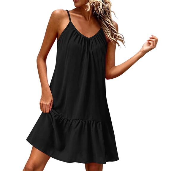 Nfurl Women Dresses for Summer Trendy Pleated Spaghetti Strap Dresses Knee Length Cotton Linen Sundresses Boho Vacation Beach Dress Black,S