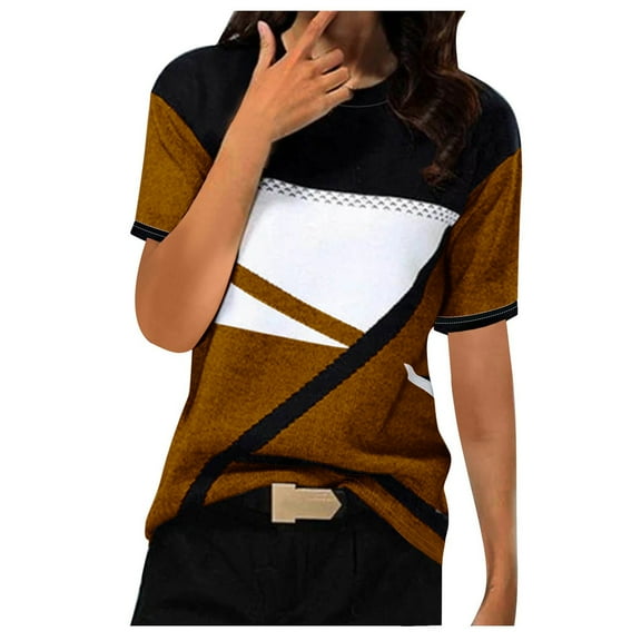 Women's Round Neck Blouse Dressy Casual Tops for Lady Summer Clothes for Teen Girls Color Block Fashion 2024 Short Sleeve Loose Fit Flowy Tunic Tops Spring Tops Vintage Coffee T Shirts S