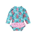 thumbnail image 4 of renvena Baby Girls Long Sleeve Floral Ruffle Swimsuit One Piece Rash Guard Swimwear with Zipper, 4 of 7