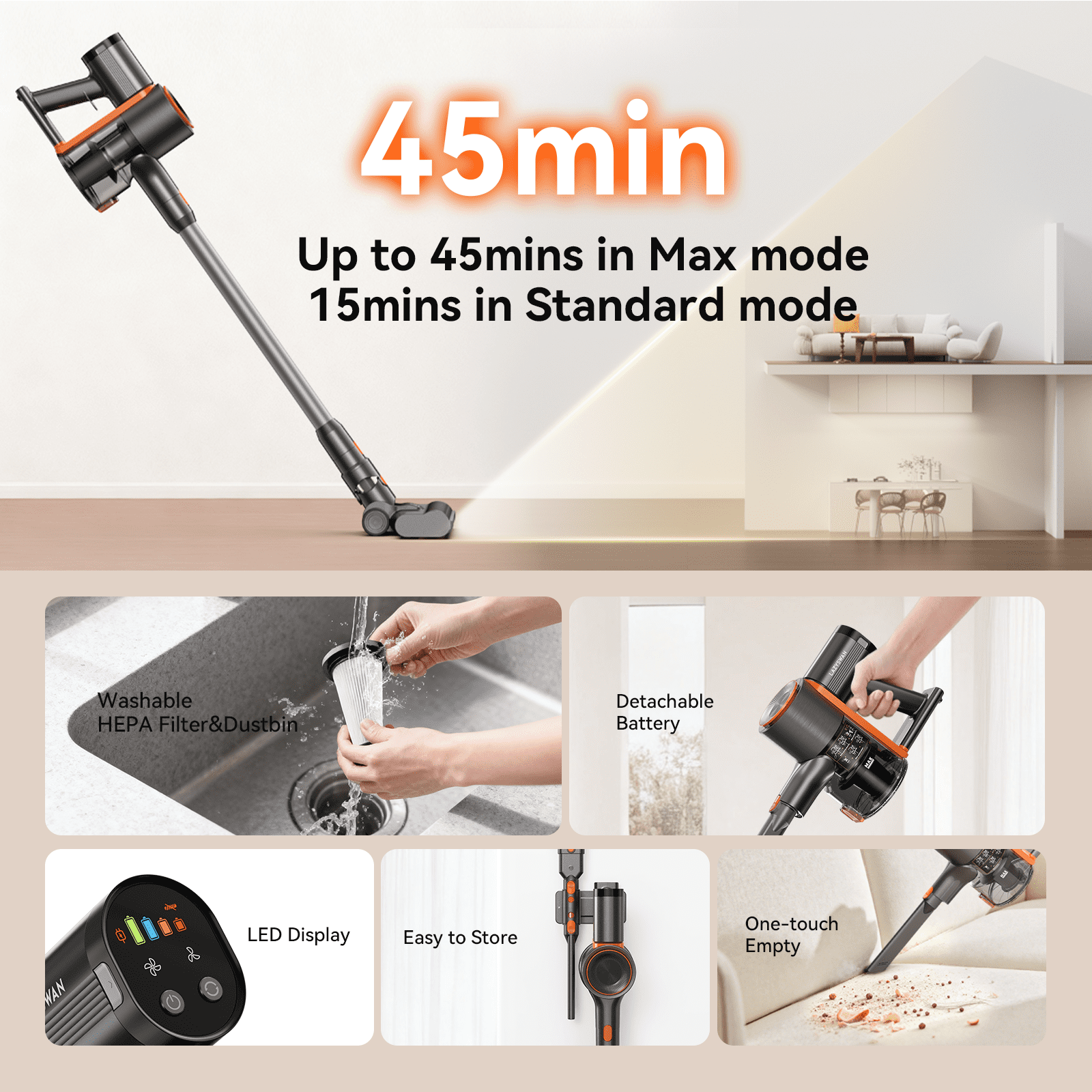 Lazyswan Cordless Vacuum Rechargeable Stick Vacuum Lightweight for Carpet Hardfloor Pet Hair Home, LS-S1