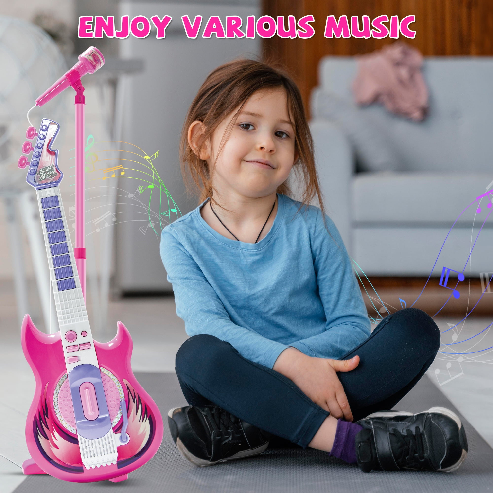 Contixo TG4 Kids Guitar and Microphone Set, Music Toys Starter Kit with Adjustable Stand, Purple