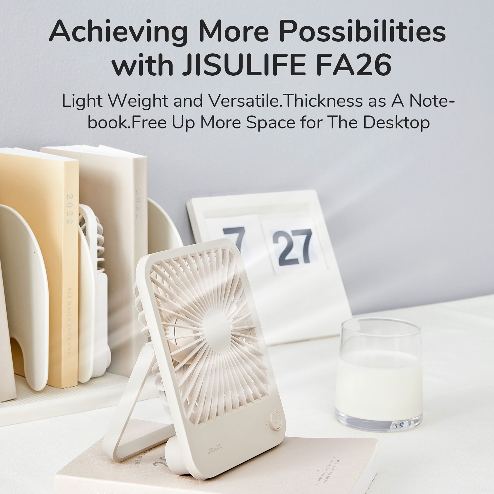 JISULIFE Portable Desk Fan, 4 Adjustable Speeds, 180°Foldable Design, 4500mAh Rechargeable Fan Battery Powered for Home, Outdoor-Brown