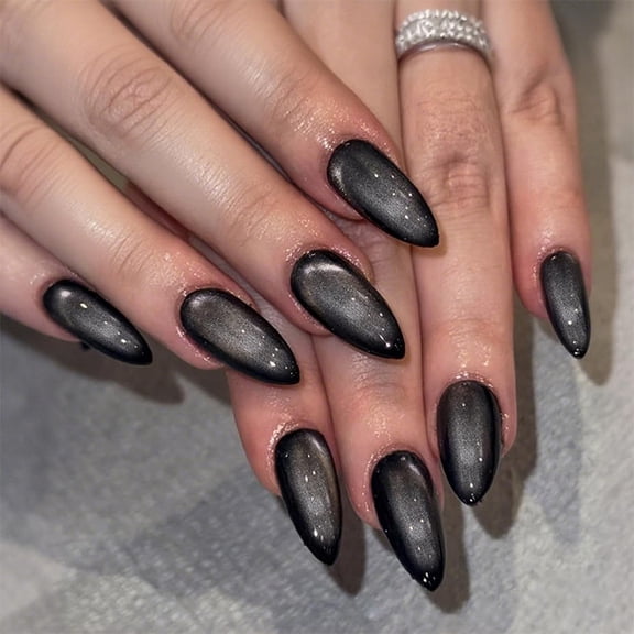 RAGUPEL Black Press on Nails,Medium Almond Fake Nails,Goth Dark Nails | Shimmer Glitter Finish,Gothic Dark Halloween Styling,Lightweight & Reusable,Full Cover Stick on Nails for Women,24Pcs