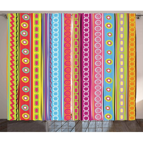 Striped Curtains 2 Panels Set Colorful Retro Stripes Circles Boho