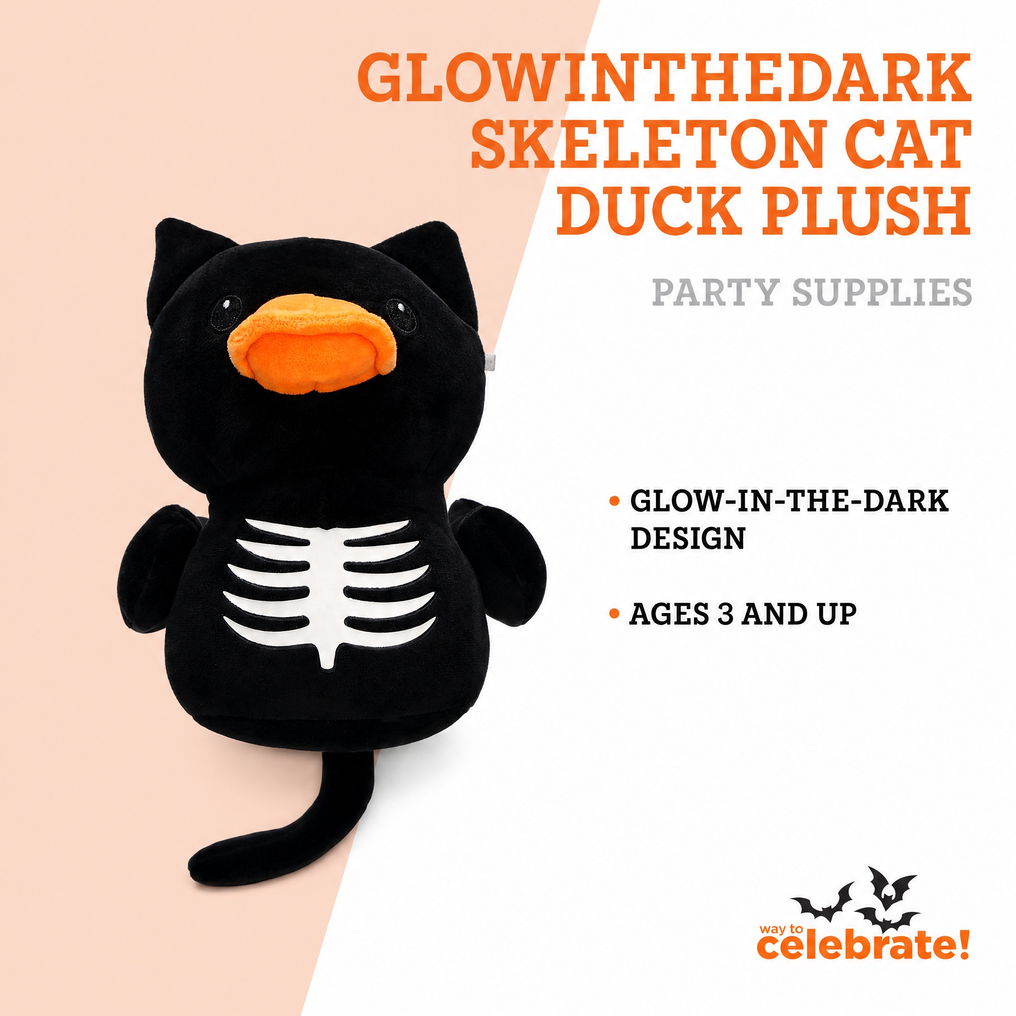 Glow-in-the-Dark Skeleton Cat Duck Plush, Black and White, 7.7", Halloween by Way To Celebrate