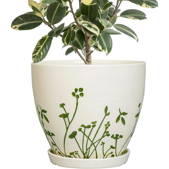 Ceramic Pot for Plants 10 Inch - Indoor Planter for Plants with Drainage Hole and Saucer, Decorative Boho Round Planter, Gardening Gifts for Women Men, Office Home Garden Decor, White