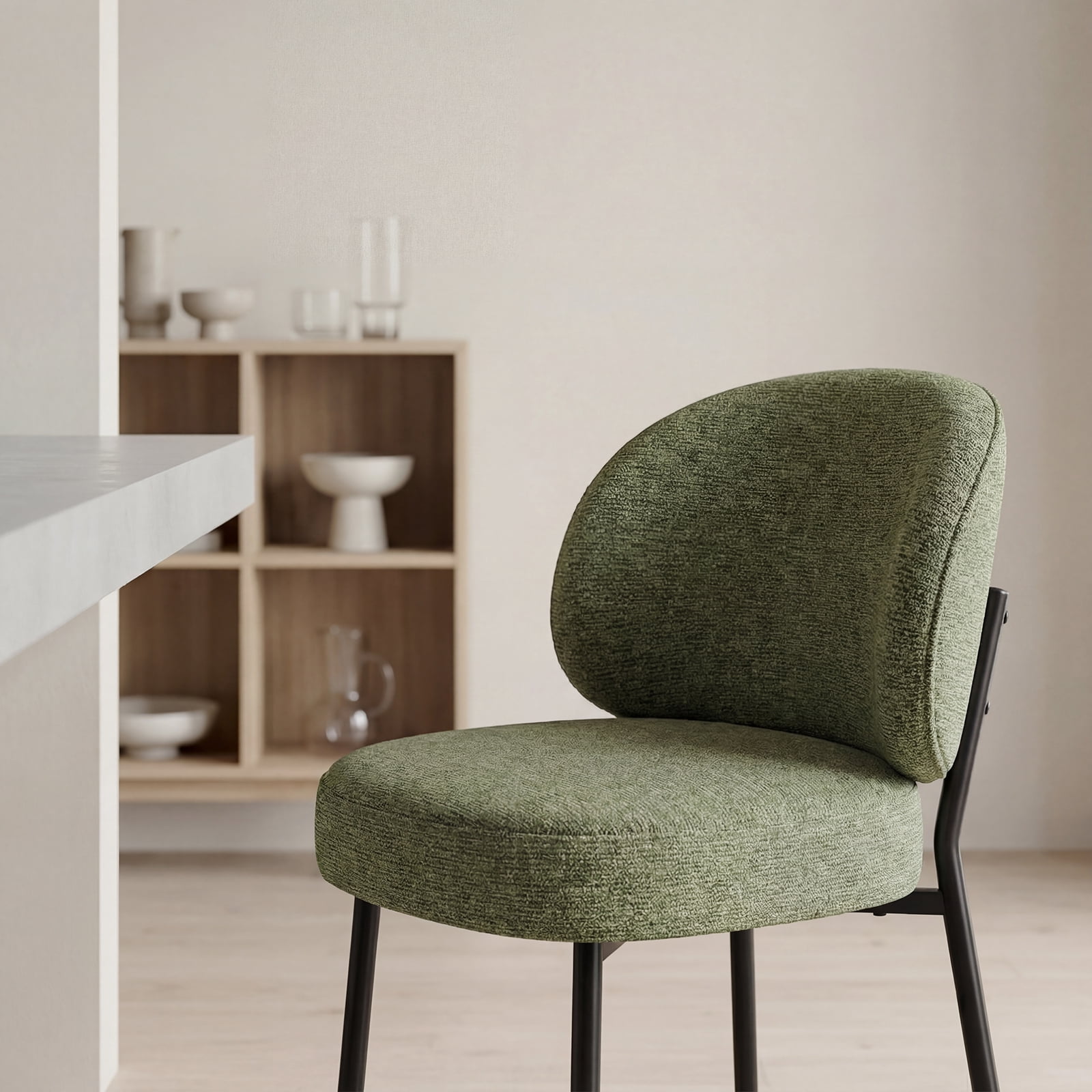 Set of 6 Upholstered Modern Dining Chairs, Mid Century Kitchen Chairs with Curved Backrest and Metal Legs for Dining Room, Living Room, Green
