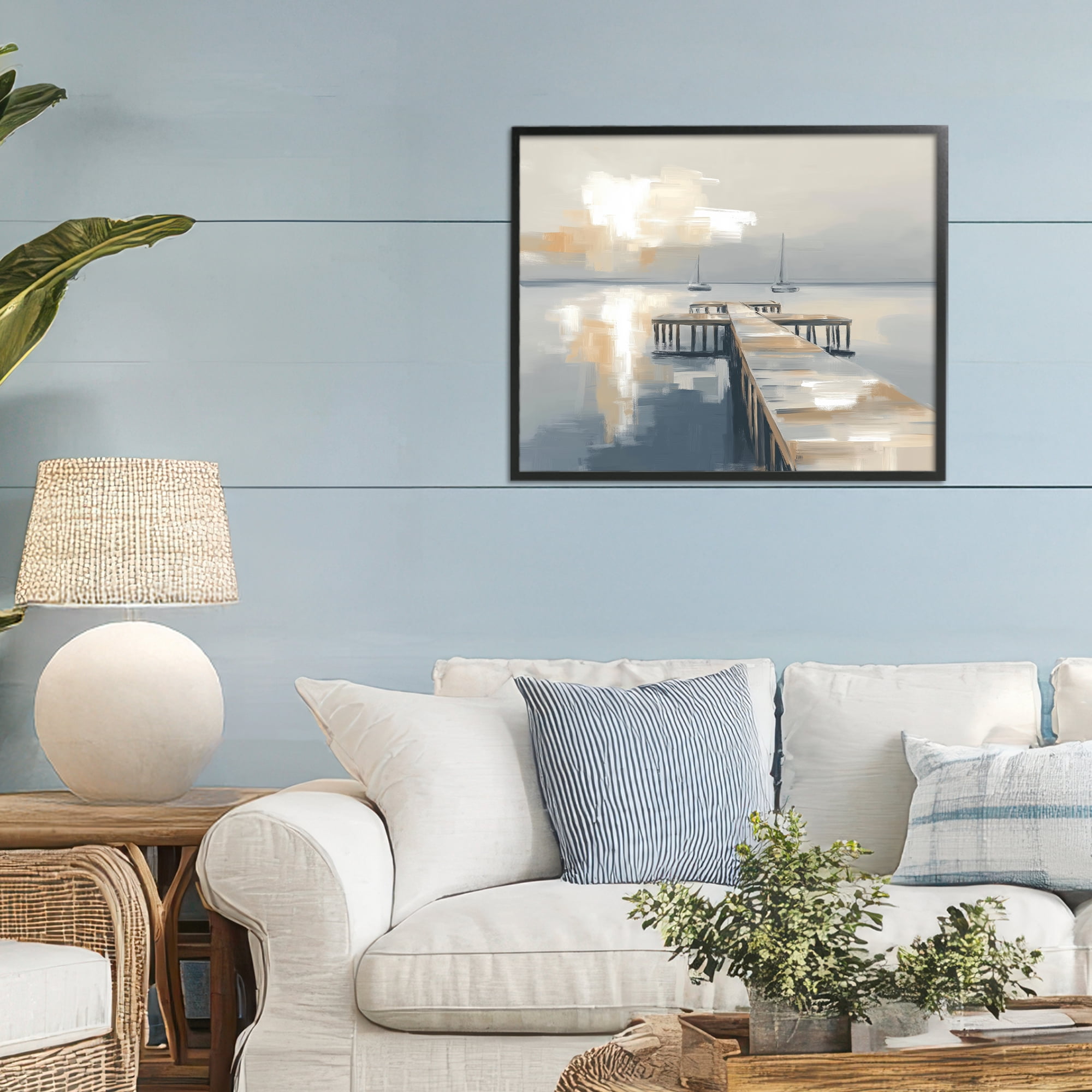 Stupell Industries Pier with Two Boats Seascape Black Framed Giclee Art, design by Kim Curinga