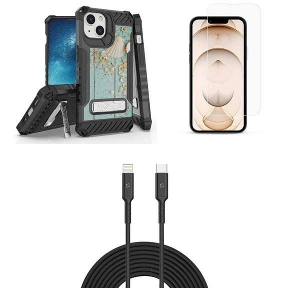 Bemz iPhone 13 Bundle: Tri Shield Shockproof Armor Rugged Case (Beach Seashells), Premium Glass Screen Protectors (2-Pack), USB-C to Lightning Cable (3.3ft/1m)