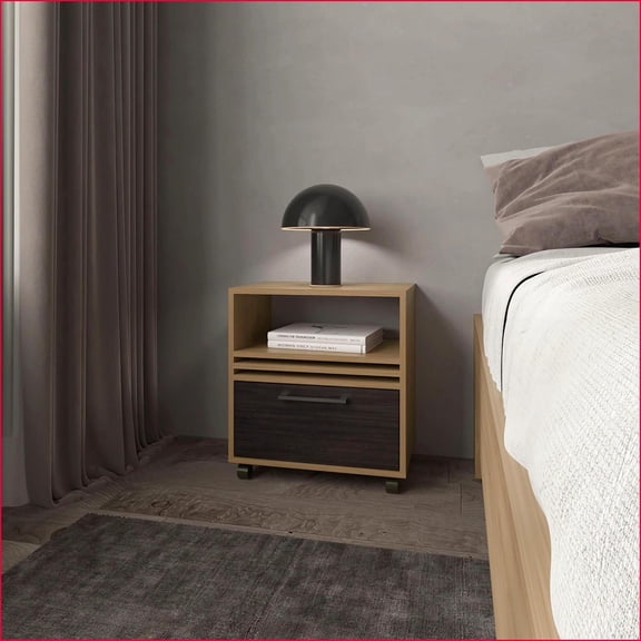 Natural Oak Bedroom Nightstand with Drawer, Shelf & Casters