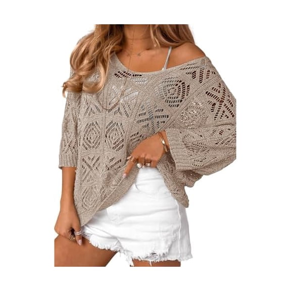 Womens Crochet Cover Up Top Summer 3/4 Sleeve Off Shoulder Sweater Shirts Mesh Boho Beach Swimsuit Coverup