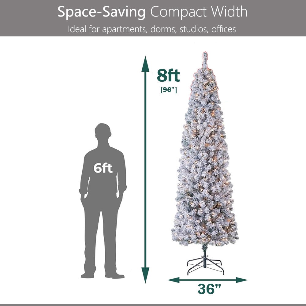Abble Pre-lit Snow Flocked Artificial Slim Pencil Christmas Tree - 8Ft